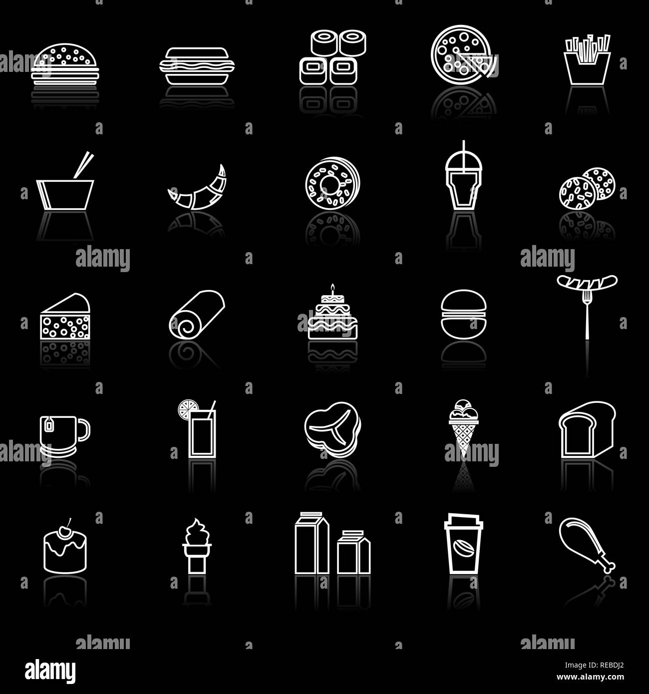 Popular food line icons with reflect on black background, stock vector Stock Vector
