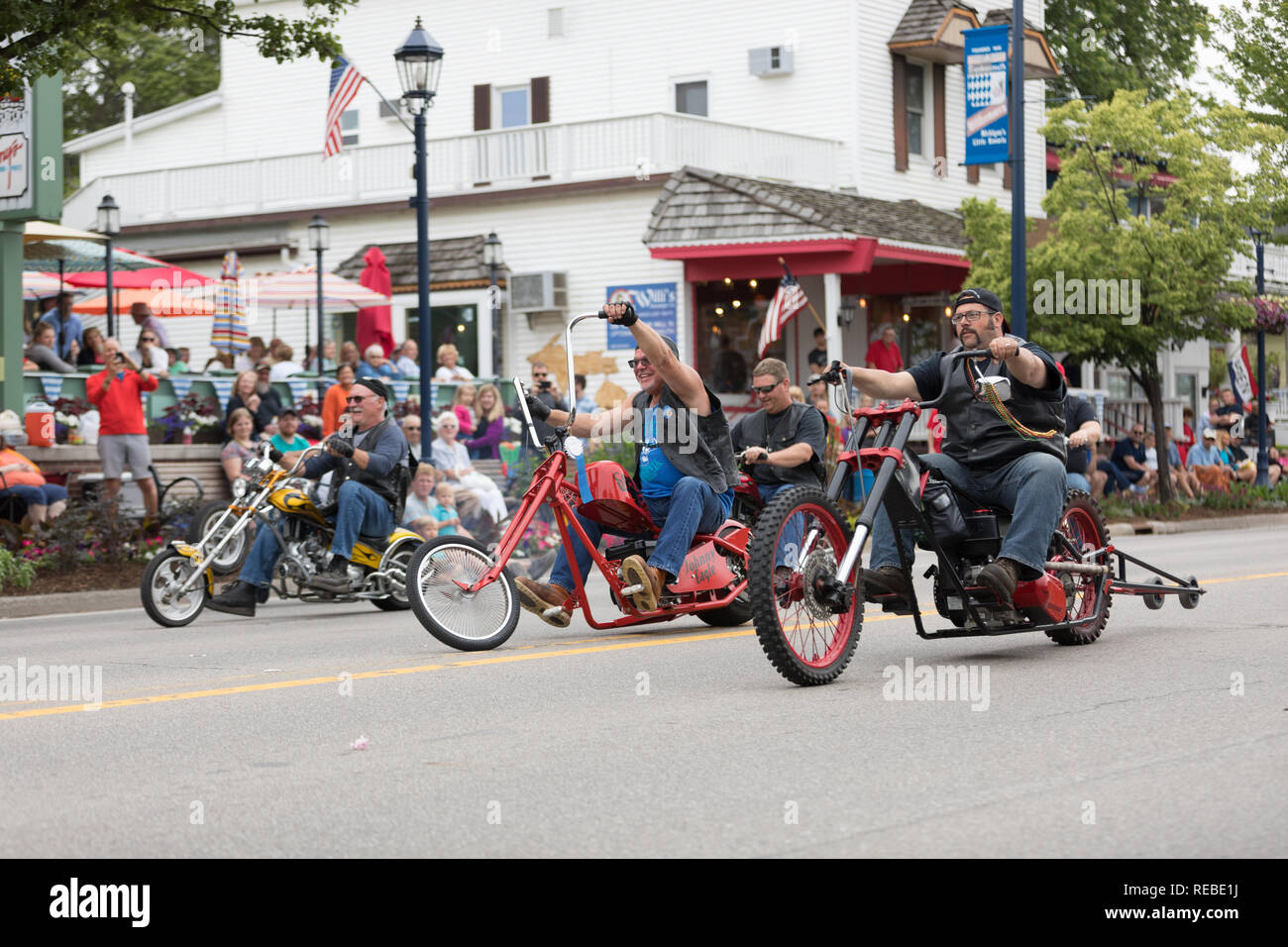 Frankenmuth, Michigan, USA - June 10, 2018: The Bavarian Festival Parade, Men riding costum build motorcycles on the street during the parade Stock Photo