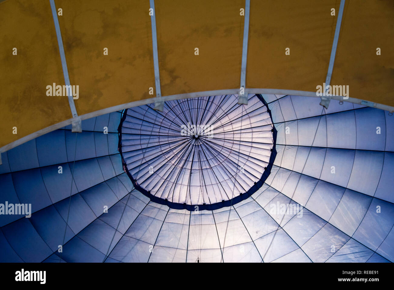Interior view of a hot air balloon in the process of inflation, blue interior Stock Photo Alamy