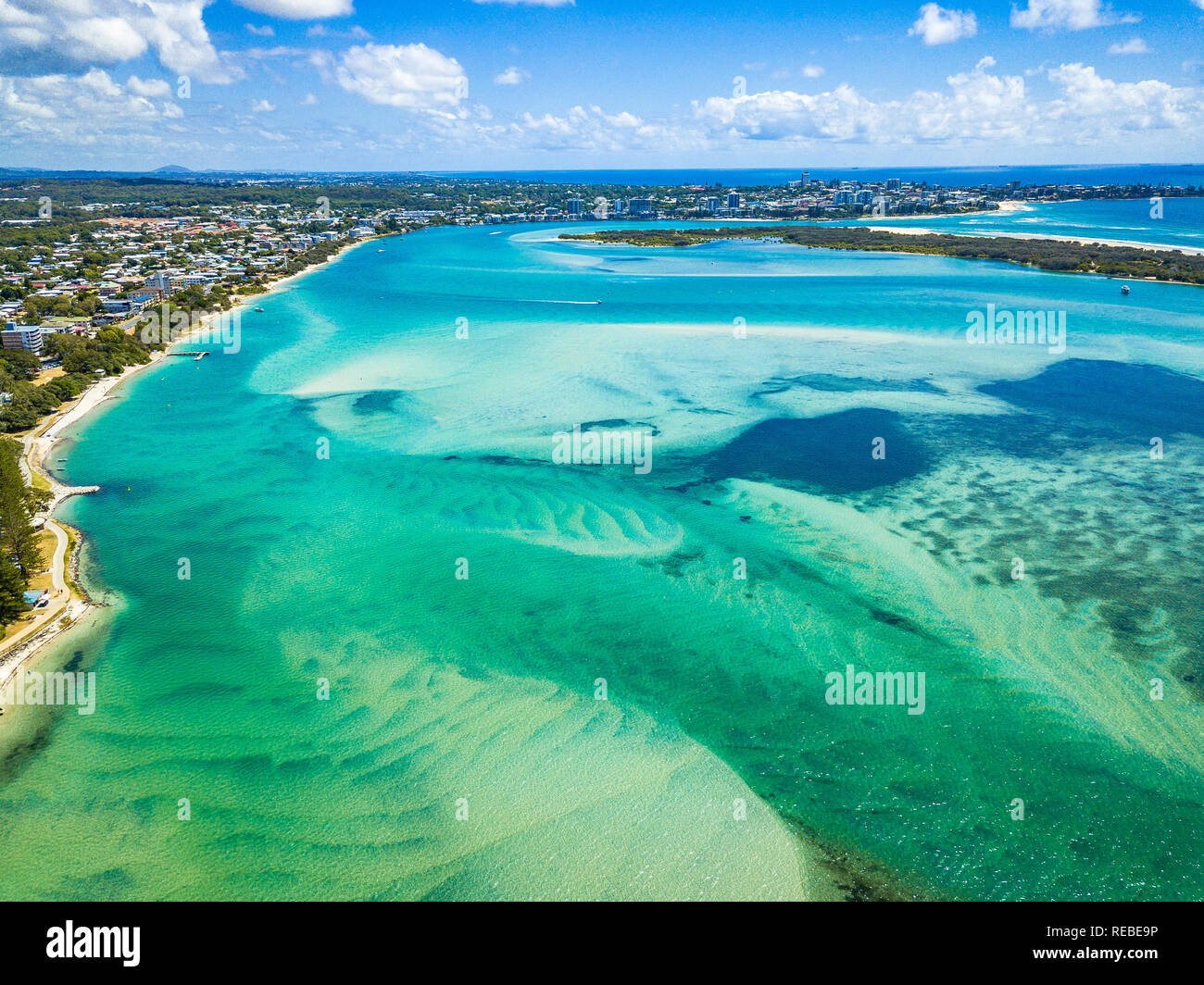 Aerial view of Golden Beach and the Caloundra area across through the