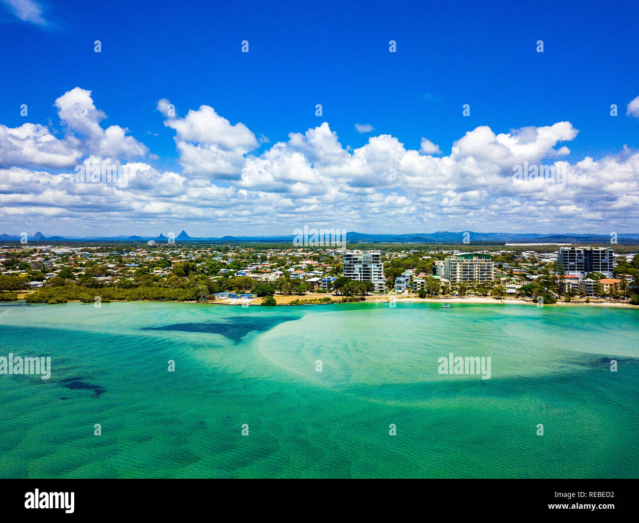 Aerial view of Golden Beach and the Caloundra area across through the