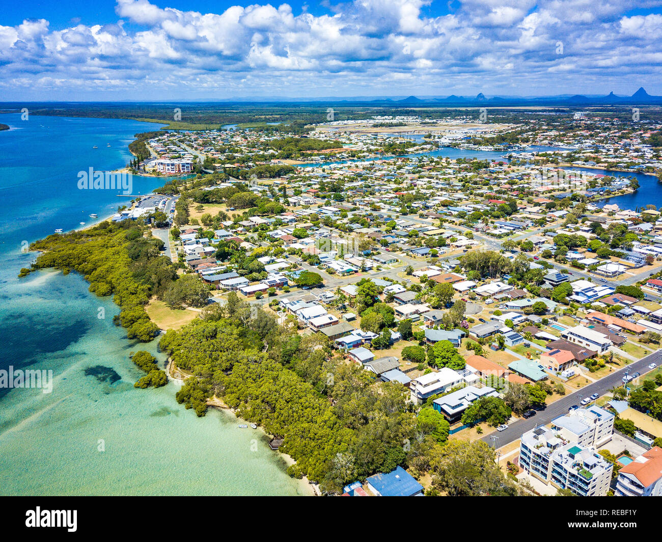 Aerial view of Golden Beach and the Caloundra area across through the