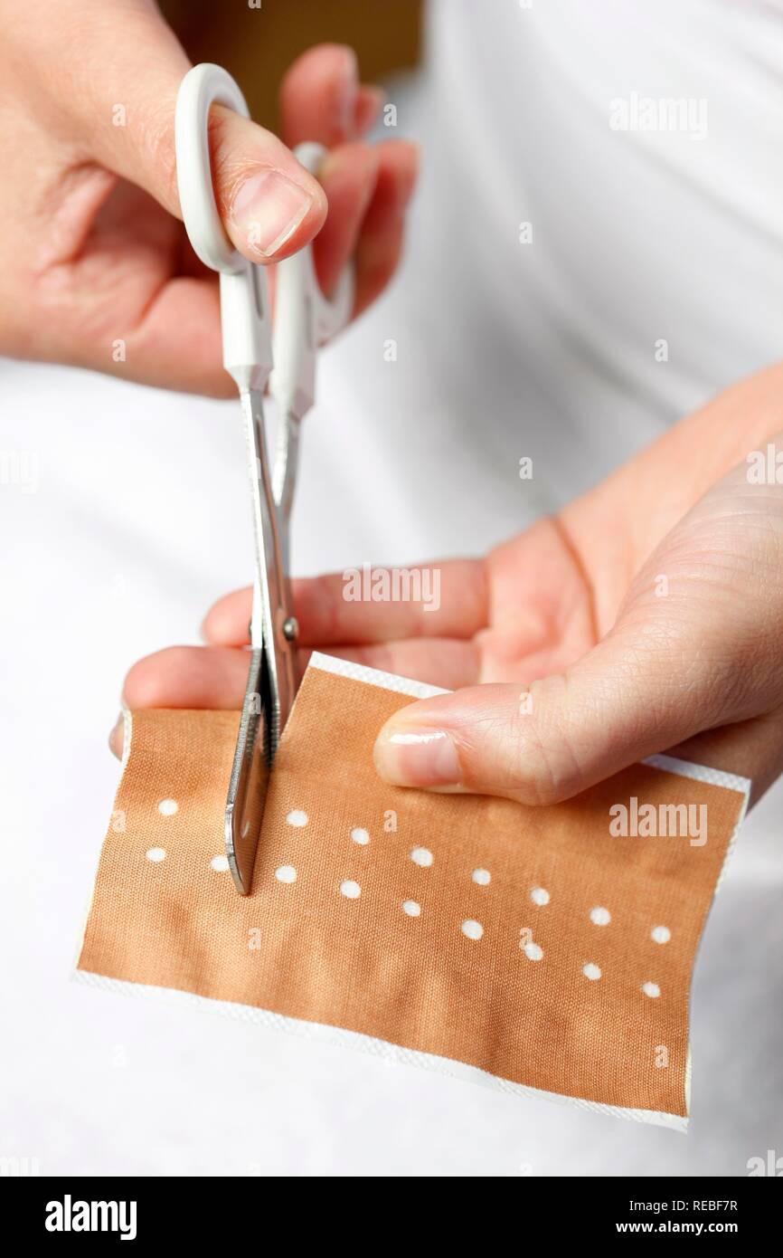 Adhesive bandage is being cut to treat a small wound Stock Photo - Alamy