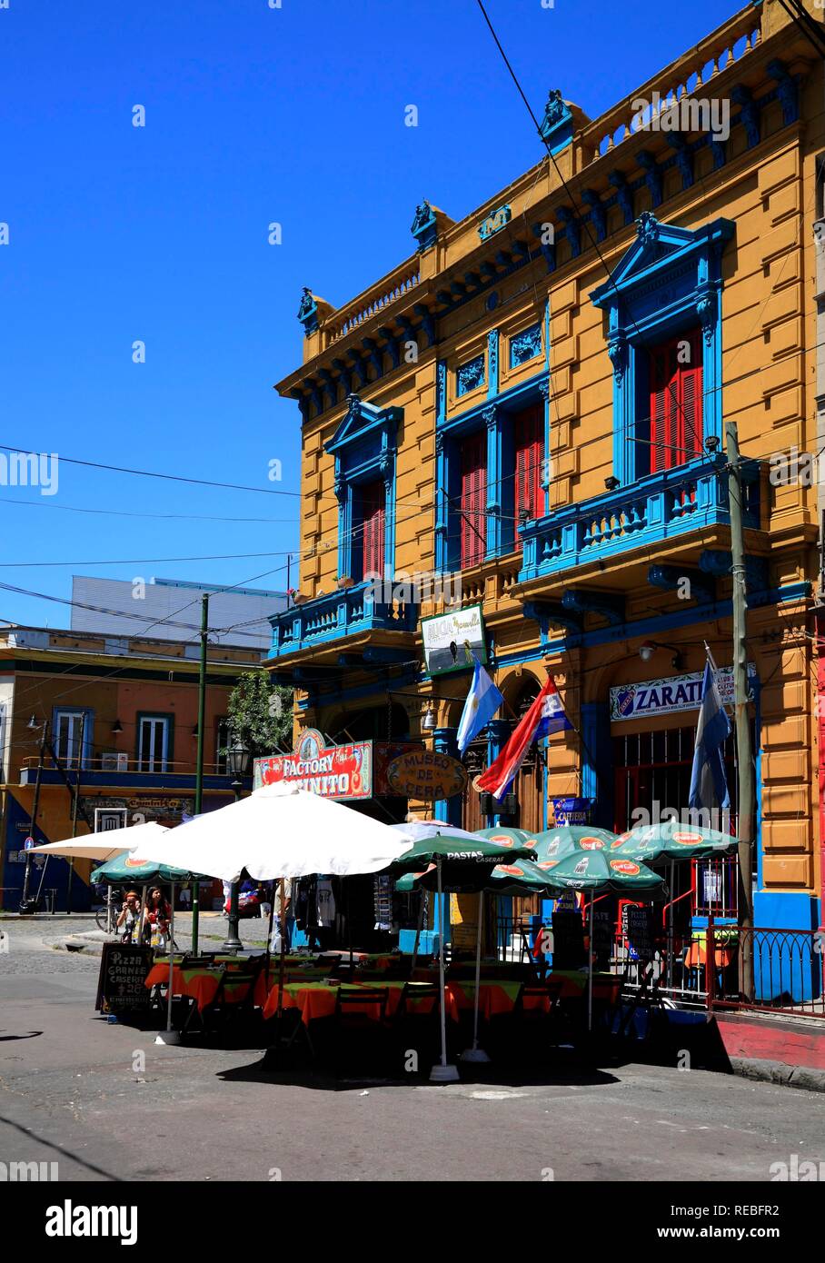 Street restaurant in Calle Necochea in El Caminito, La Boca district, Buenos Aires, Argentina Stock Photo