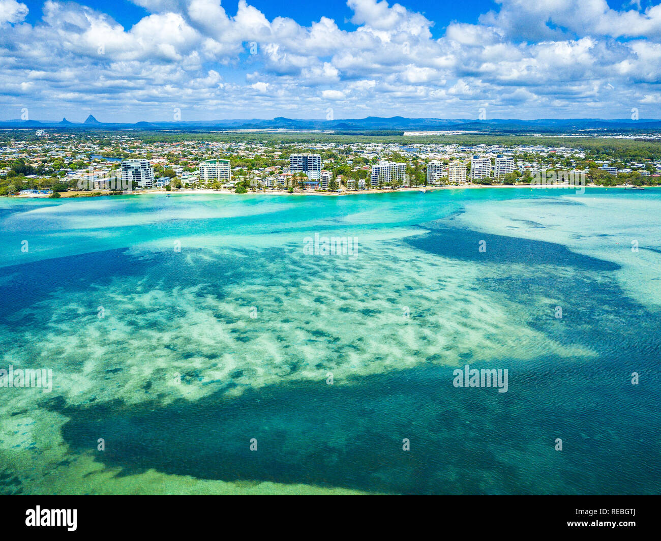 Aerial view of Golden Beach and the Caloundra area across through the Pumicestone Passage on the Sunshine Coast in Queensland, Australia. Stock Photo