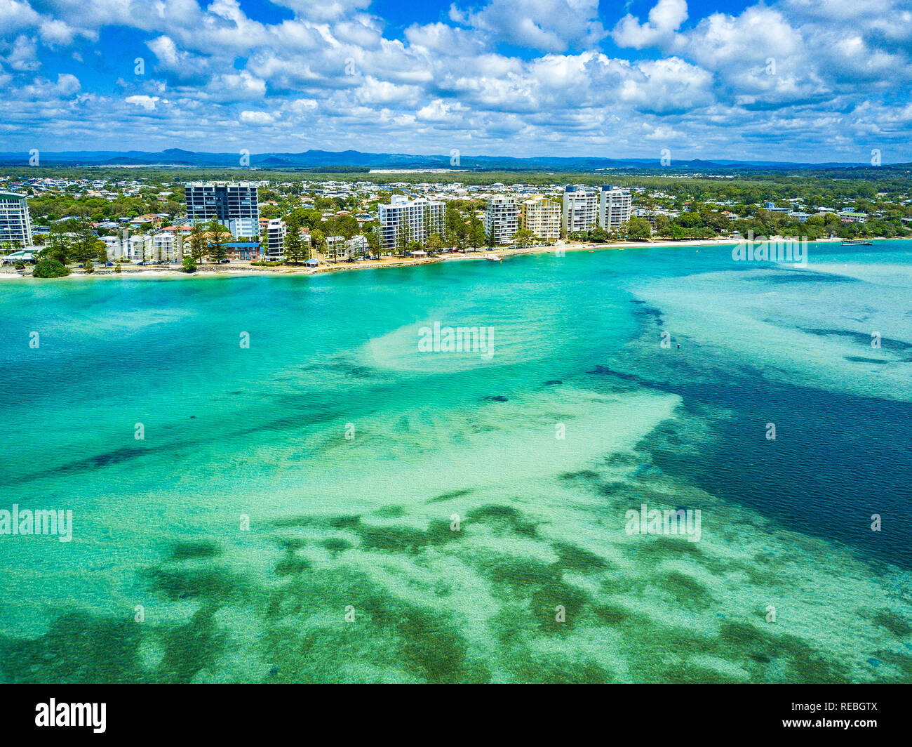 Aerial view of Golden Beach and the Caloundra area across through the
