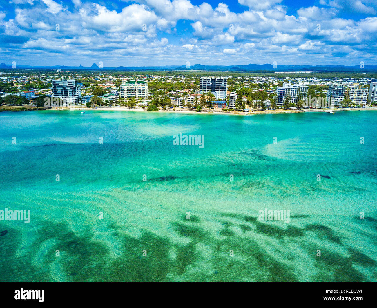 Aerial view of Golden Beach and the Caloundra area across through the Pumicestone Passage on the Sunshine Coast in Queensland, Australia. Stock Photo