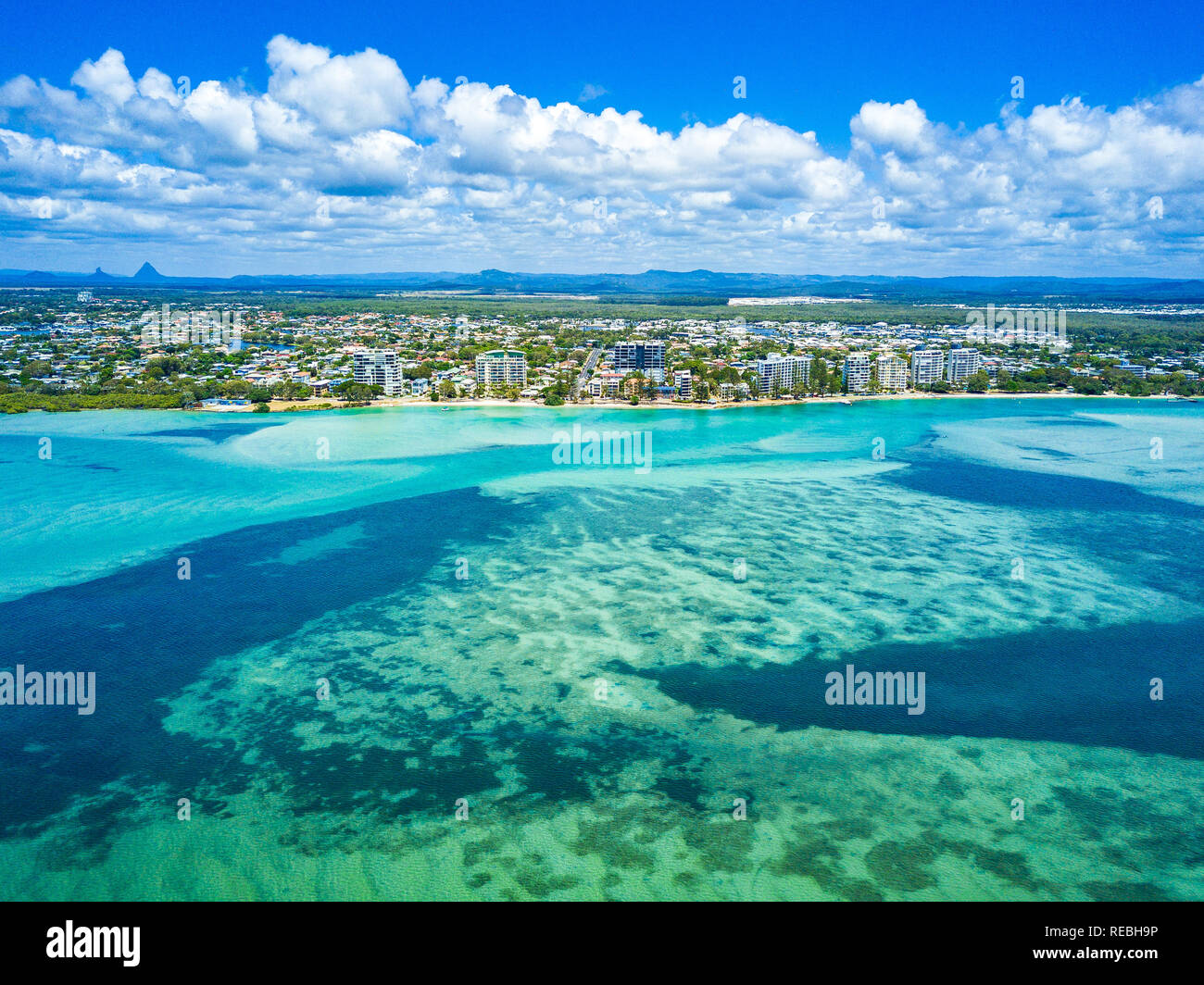 Aerial view of Golden Beach and the Caloundra area across through the