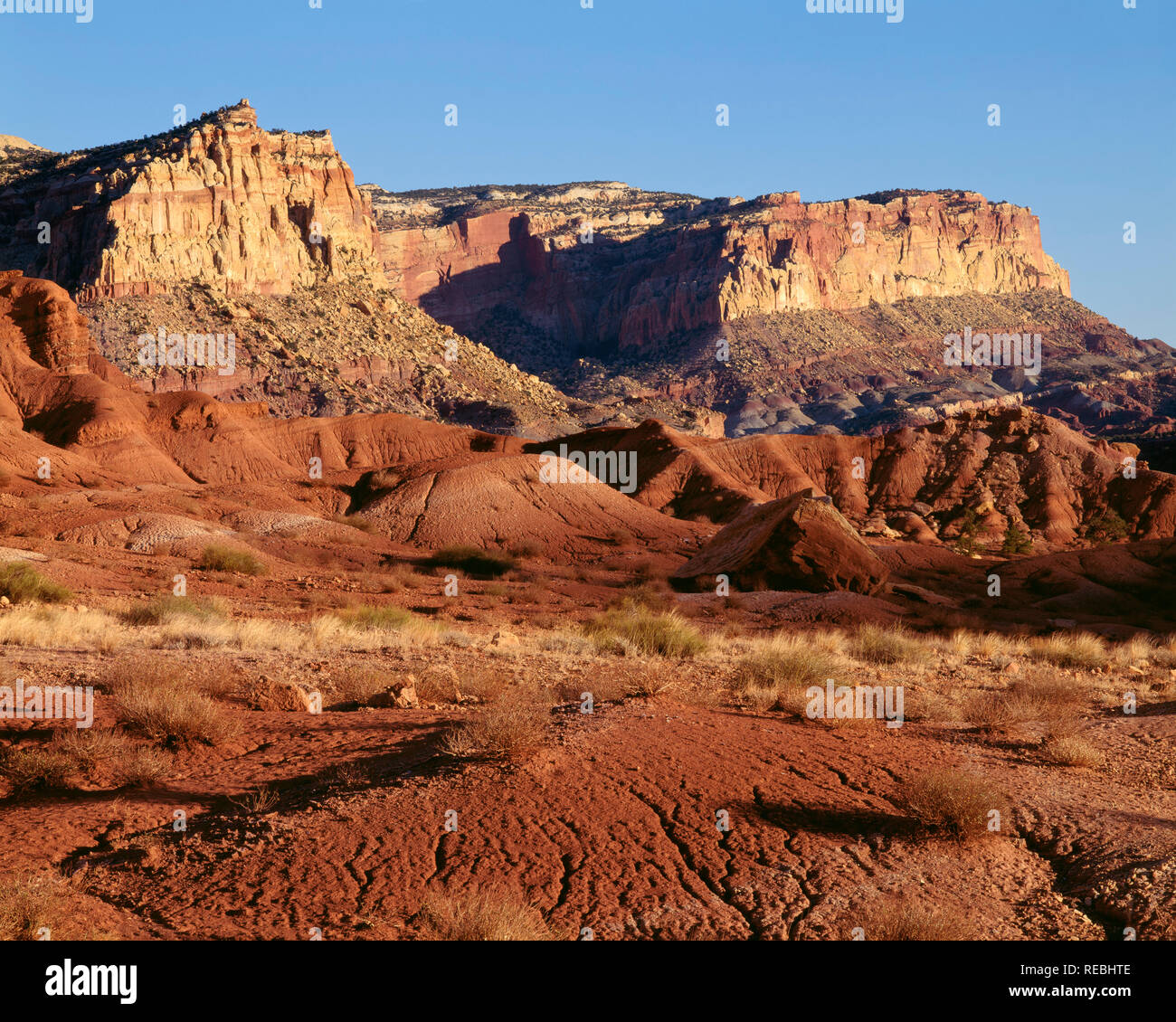 USA, Utah, Capitol Reef National Park, Evening view southeast towards the western face of the Waterpocket Fold. Stock Photo