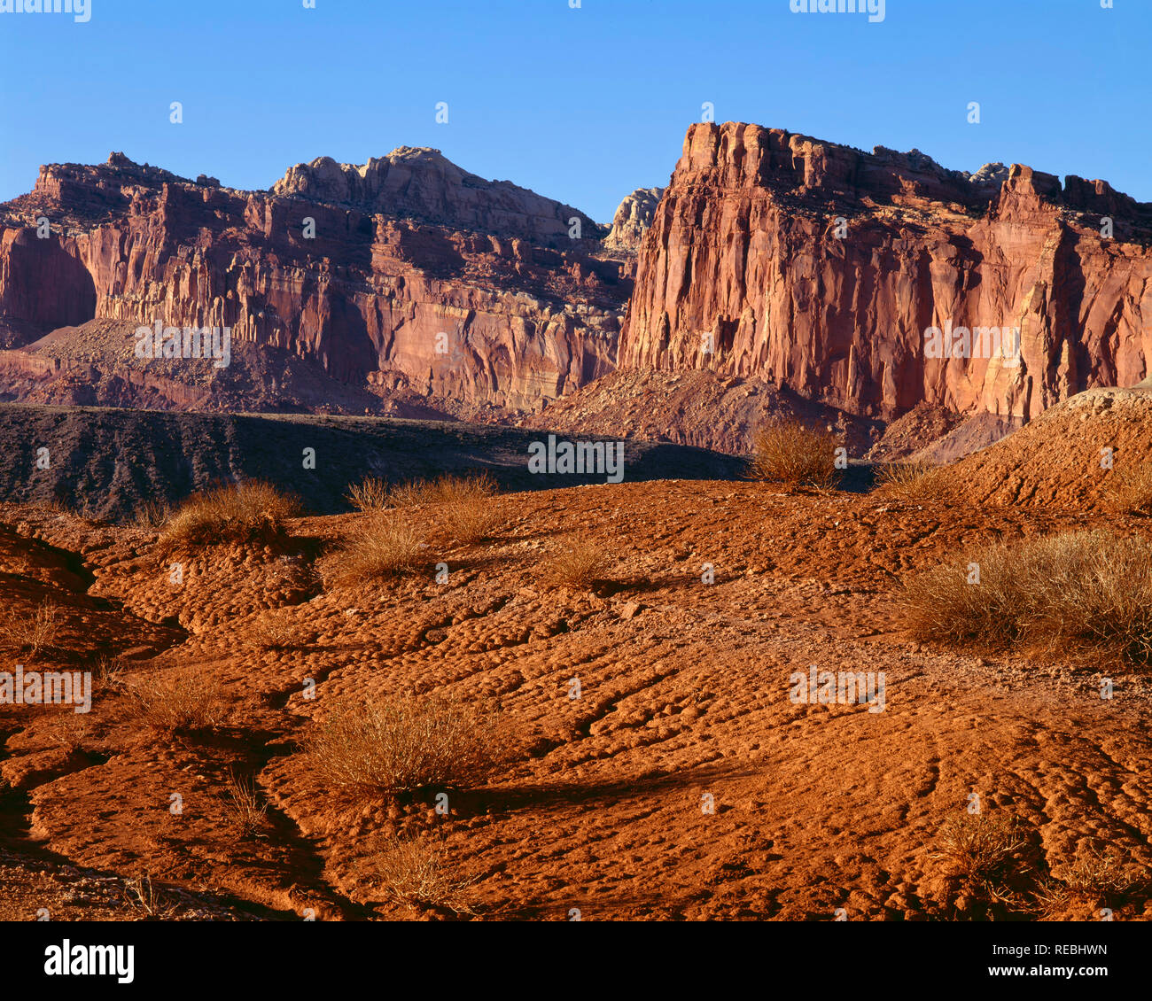 USA, Utah, Capitol Reef National Park, Evening view northeast towards the western face of the Waterpocket Fold. Stock Photo