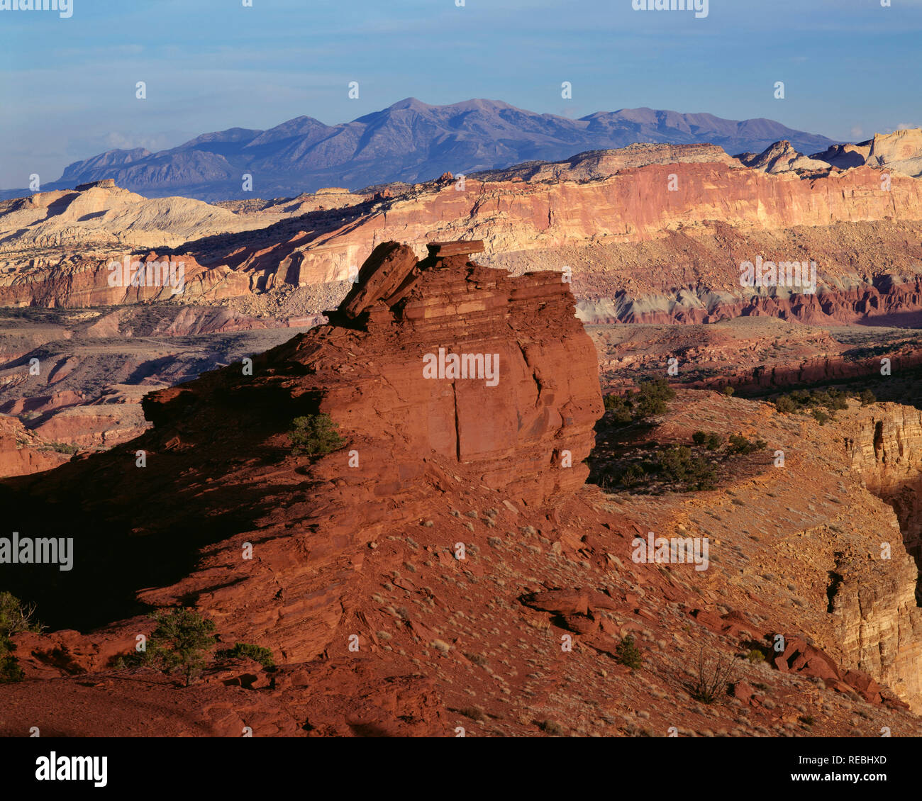 USA, Utah, Capitol Reef National Park, Nearby Moenkopi rock outcrop and Waterpocket Fold in Capitol Reef NP with distant Henry Mountains;Sunset Point Stock Photo