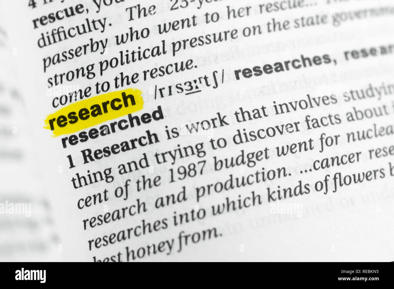 Highlighted English word "research" and its definition at the