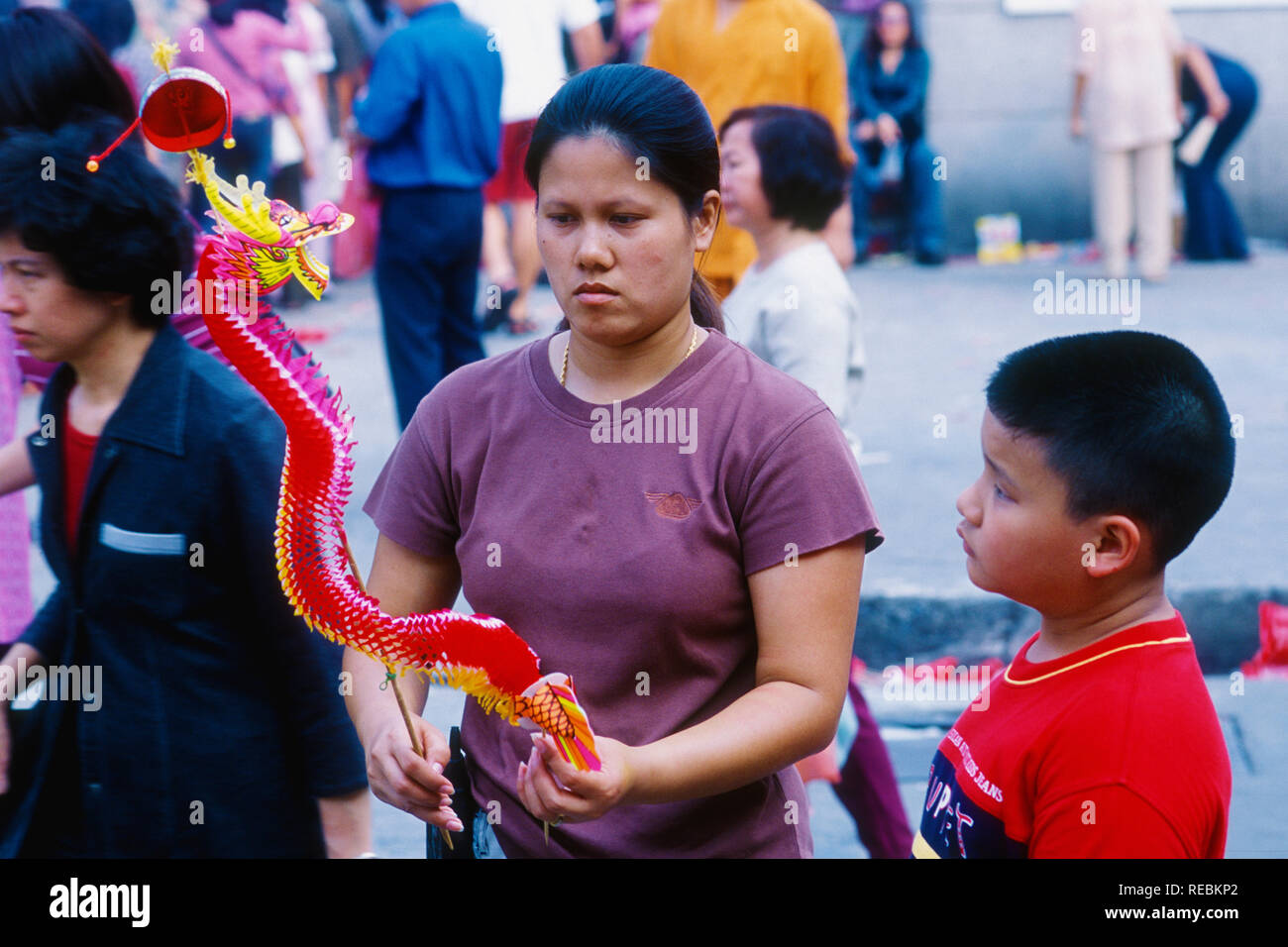 purchase paper dragon during Chinese New Year Celebrations in Chinatown, Bangkok Thailand Stock Photo