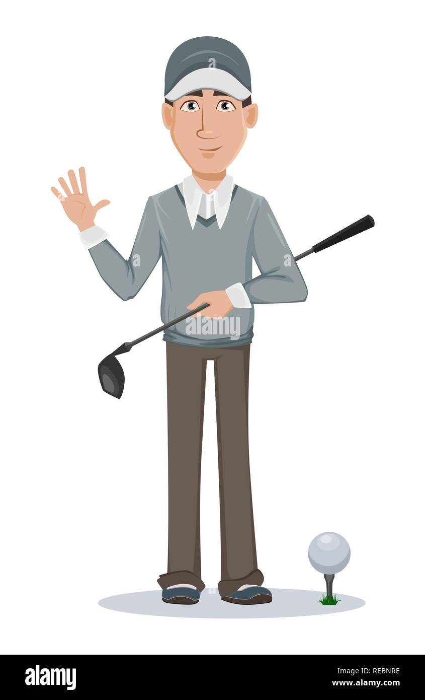 Golf player, handsome golfer. Cartoon character holding golf club and  waving hand. Vector illustration on white background Stock Vector Image &  Art - Alamy