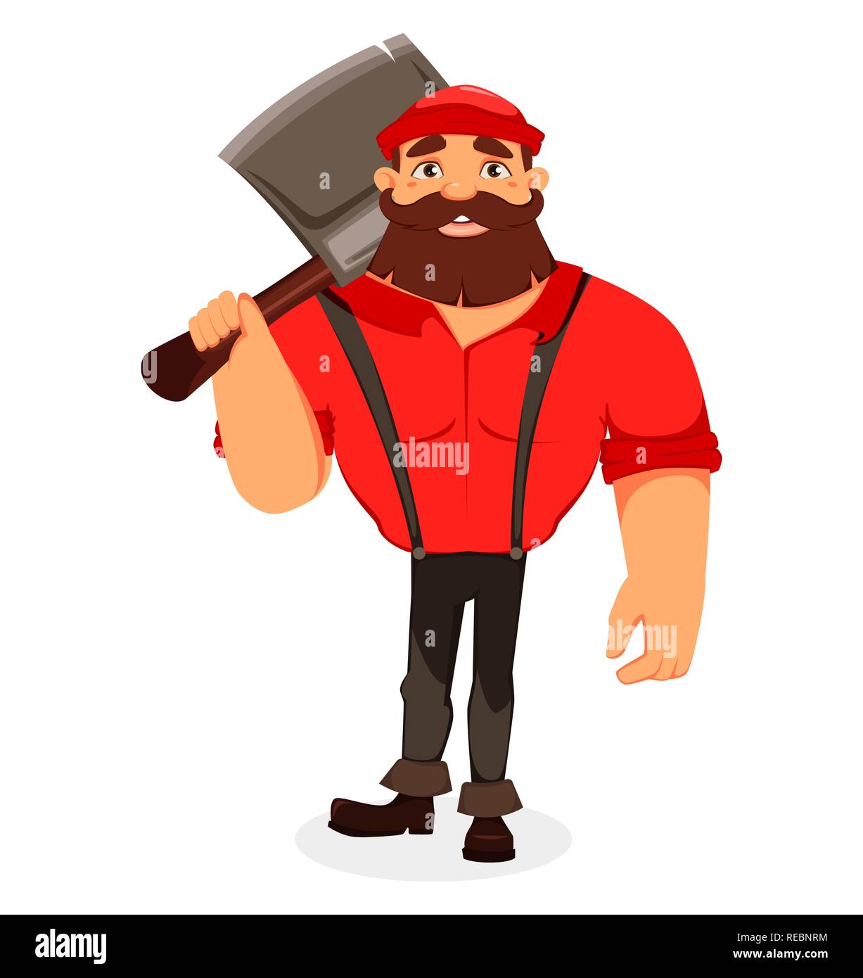 Lumberjack. Handsome logger holding big axe on his shouder. Cartoon character. Vector illustration on white background. Stock Vector