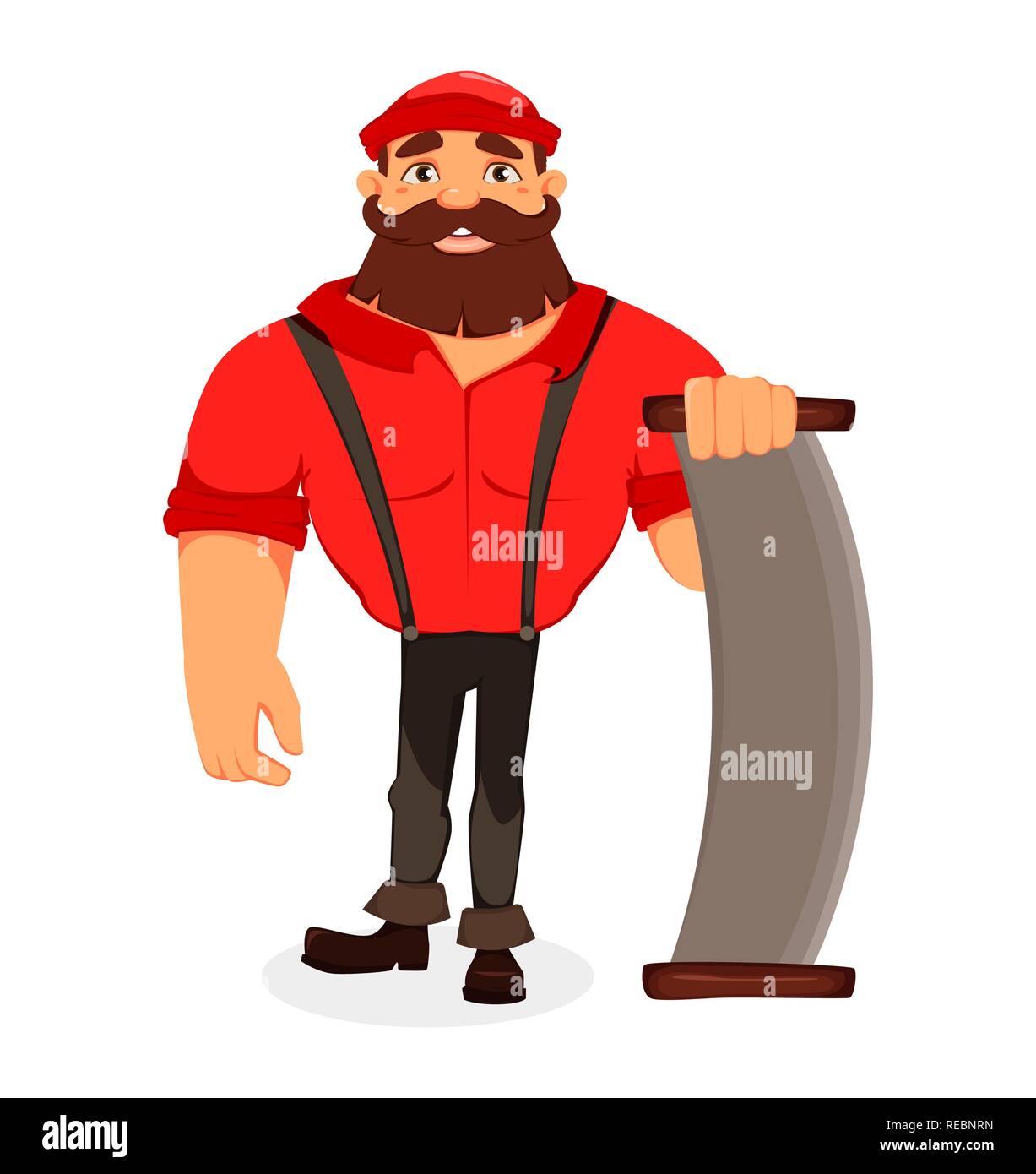 Lumberjack. Handsome logger holding two-handed saw. Cartoon character. Vector illustration on white background. Stock Vector