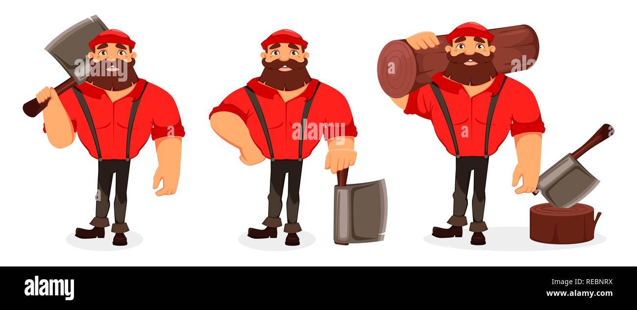 Lumberjack cartoon character, set of three poses. Handsome logger holding big axe and holding log. Vector illustration on white background. Stock Vector