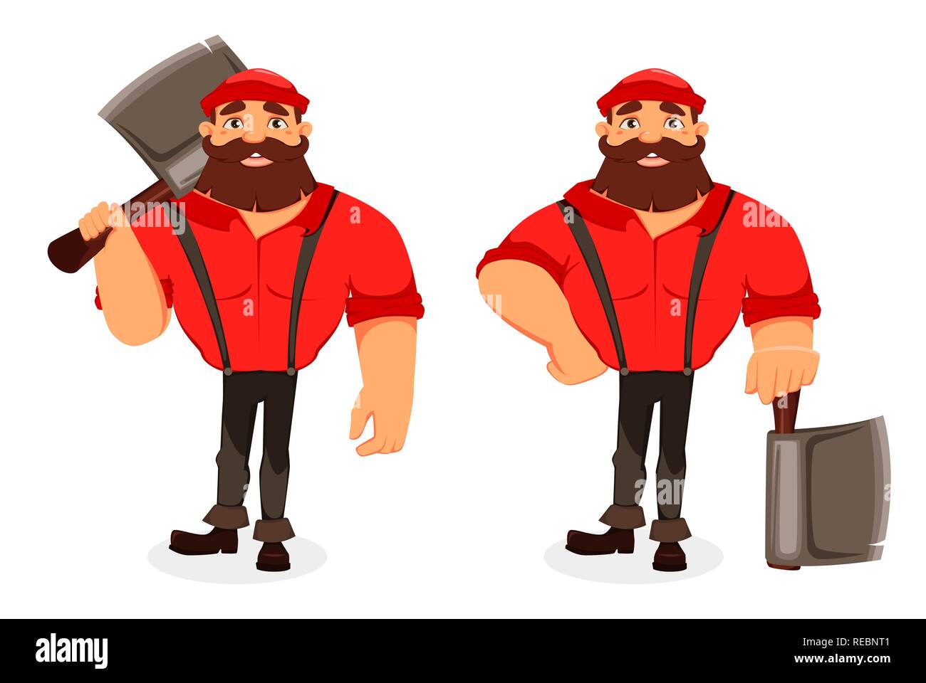 Lumberjack cartoon character, set of two poses. Handsome logger holding big axe. Vector illustration on white background. Stock Vector