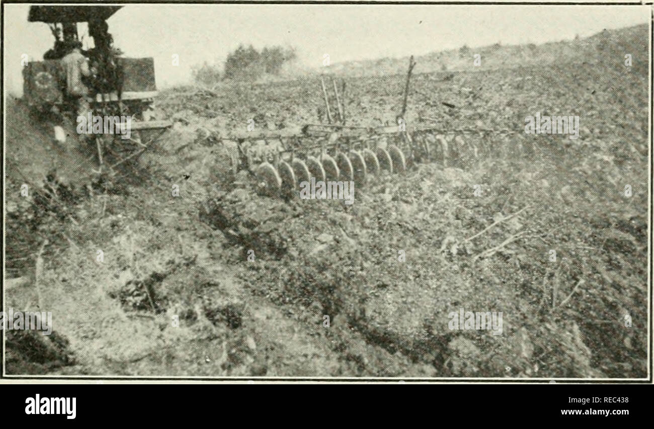 . Dry farming in western Canada. Canada. Agriculture Canada; Dry farming. PREPARING LAND FOR FIRST CROP 141 is not ready to break the land the first year it is burned over. 114. Plowing Scrub Land.—The common practice in breaking scrub land is to plow about five inches deep, but if the roots are large deeper breaking is necessary. The best depth to plow depends on the size of the roots in the ground, it being necessary to plow that depth. Fig. 56.—Plowing and Disking Burned-over Scrub Land. which will enable the implement to turn a good furrow. Under some conditions a furrow ten inches deep an Stock Photo