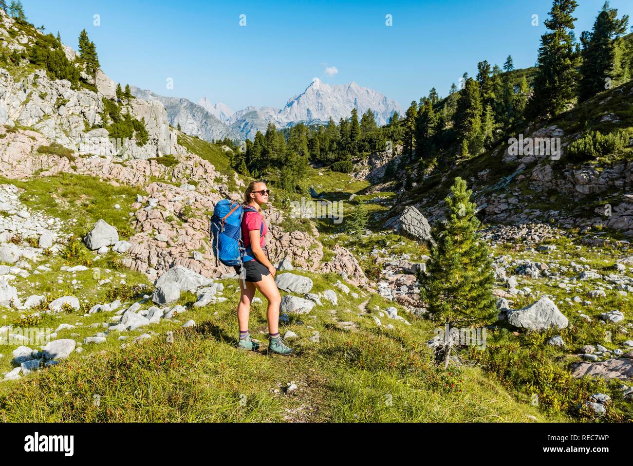 Hiker with rucksack, hiking trail in the Funtenseetauern, behind Watzmann, Berchtesgaden National Park, Berchtesgadener Land Stock Photo