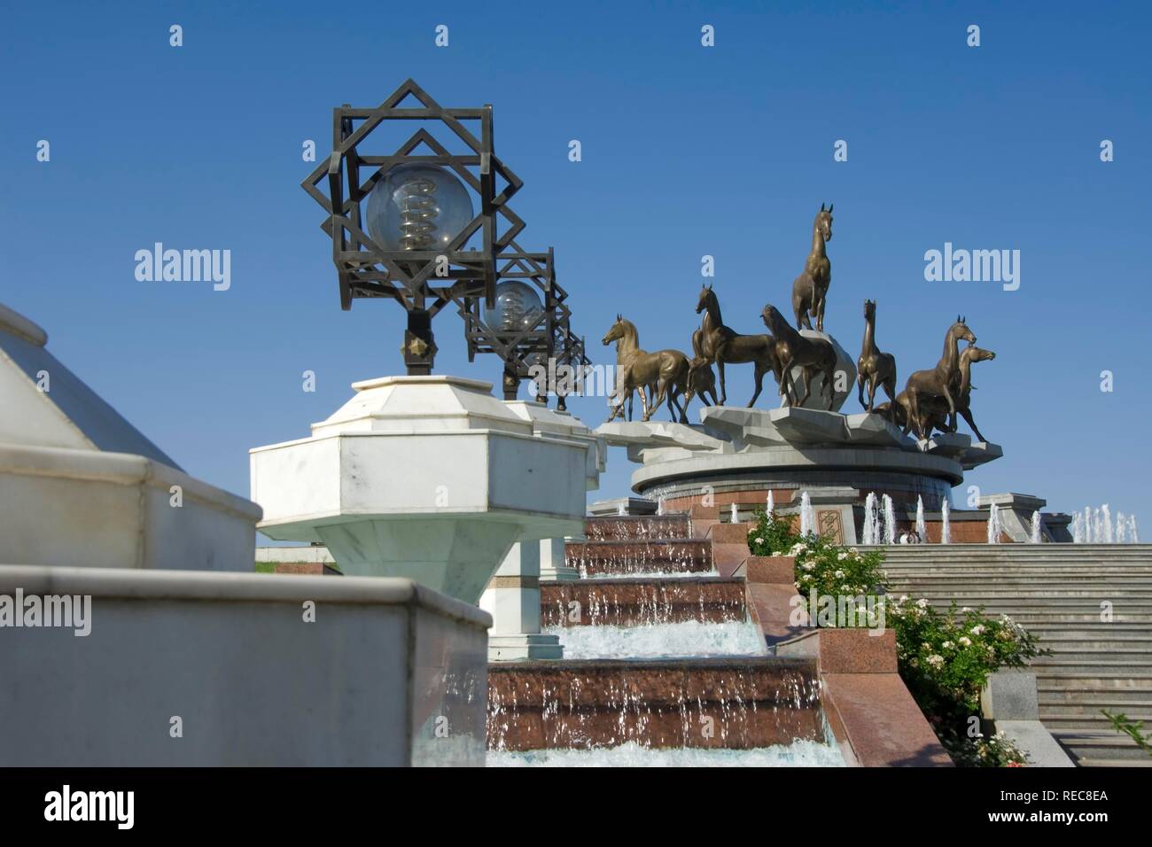 Monument of the 10th anniversary of Independence and Akhal-teke horses fountain, Ashgabat, Turkmenistan Stock Photo