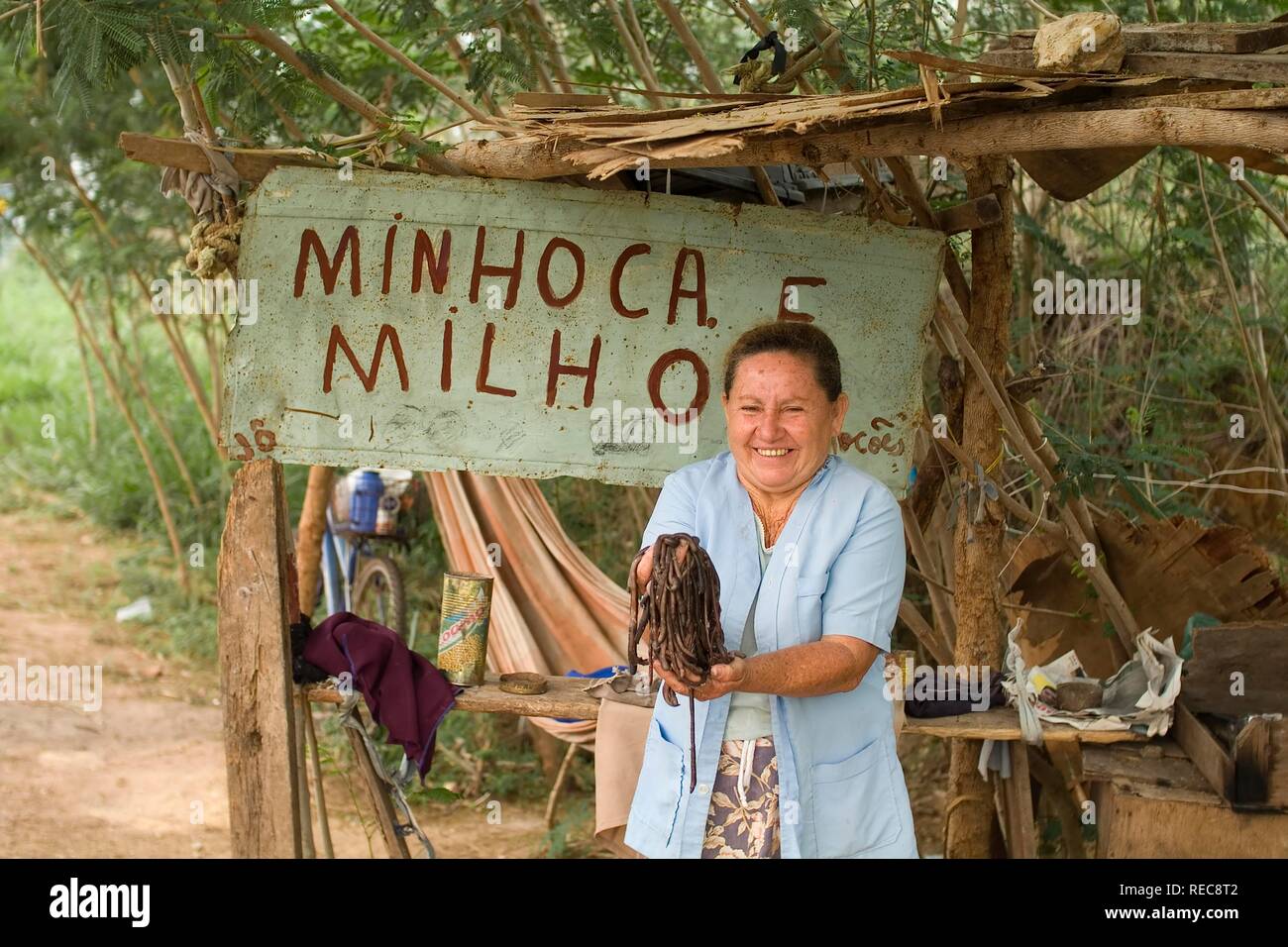 Woman selling worms for fishermen, Poconé, Mato Grosso, Brazil Stock Photo