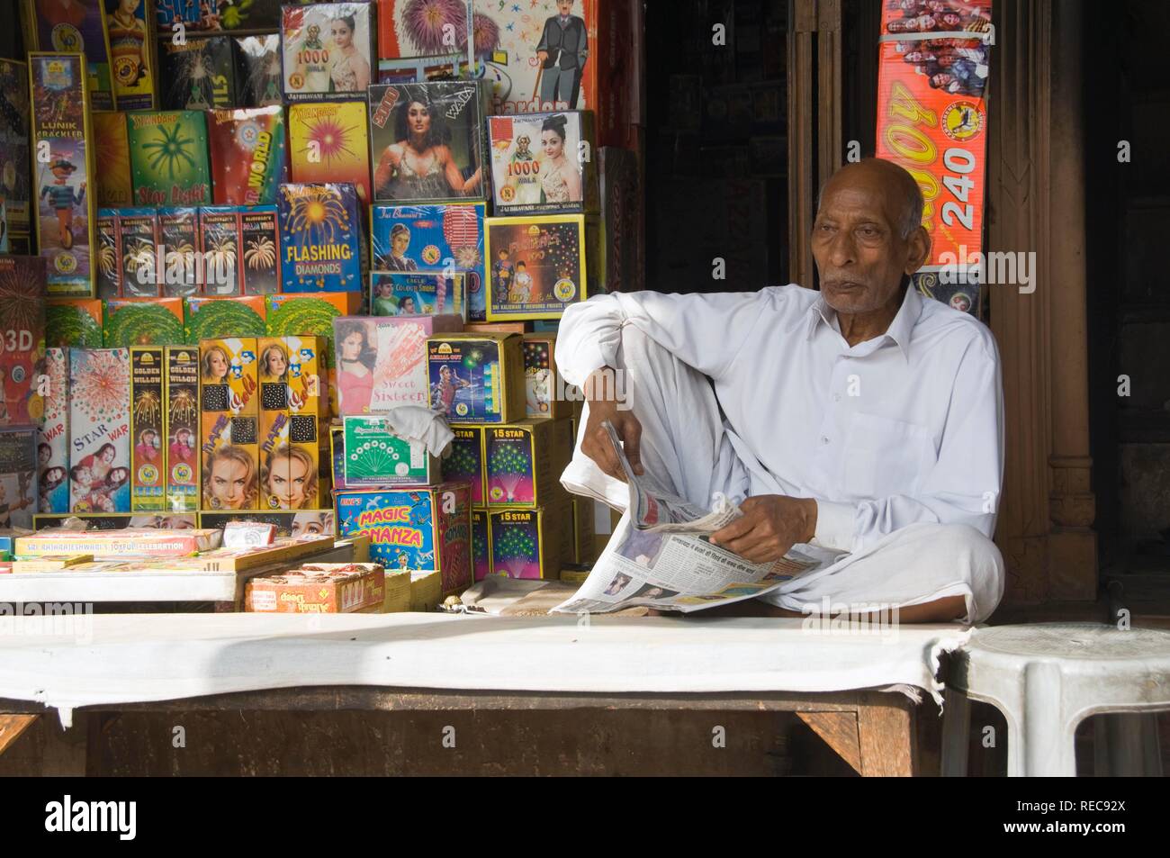 Shopkeeper, Chandni Chowk Bazar, Old Delhi, India Stock Photo