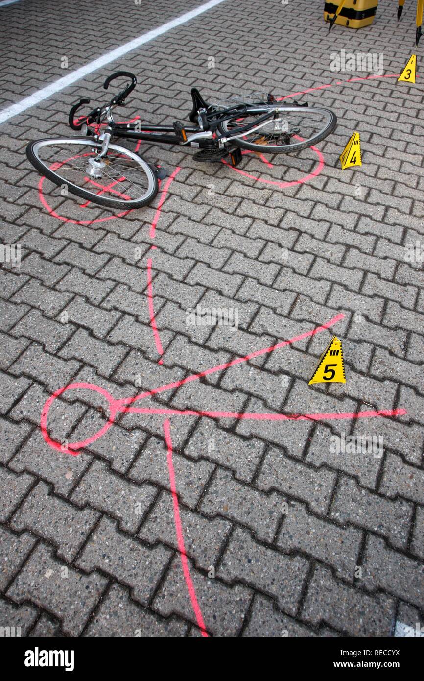 Accident between car and bike, Cologne, North Rhine-Westphalia Stock Photo