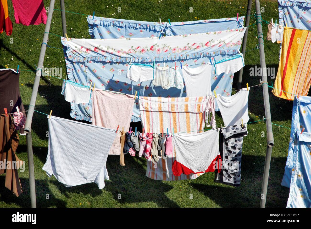 Laundry on a clothesline drying in the garden of a house in GelsenkirchenHorst, North Rhine