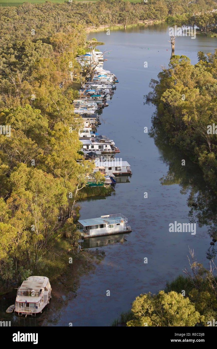 Houseboats moored at Bruce's Bend, Marina, upstream of Mildura on the River Murray. Stock Photo