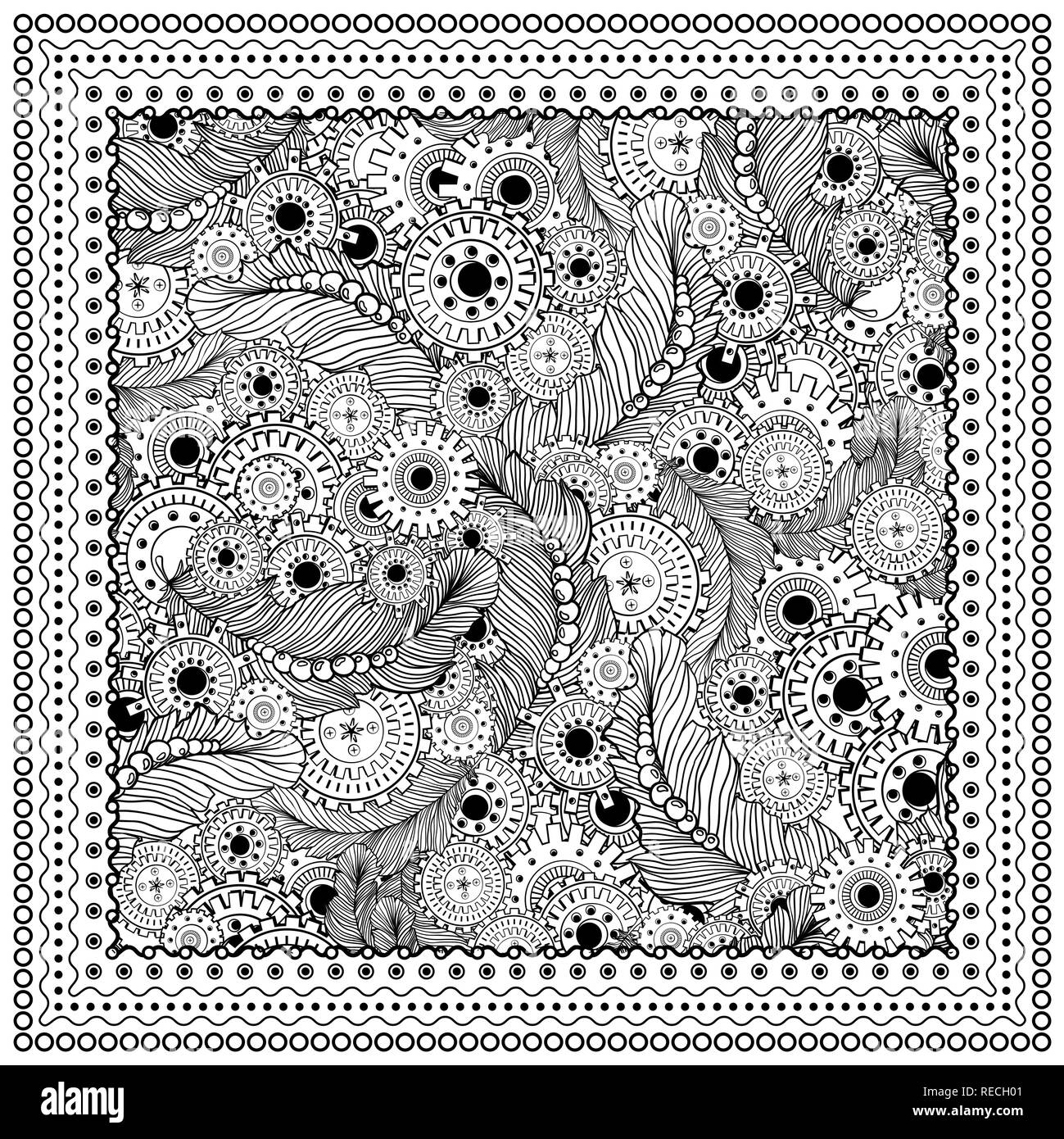 Black vector mono color illustration. Adult Coloring book page design, for adults or kids. Vector template. Ornamental border and frame. Steampunk style, feathers and gear-wheels Stock Vector