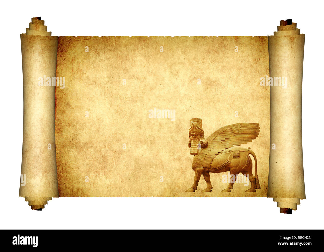 Medieval scroll with lamassu - human-headed winged bull statue, Assyrian protective deity. Isolated on white background. Copy space for text. Mock up  Stock Photo