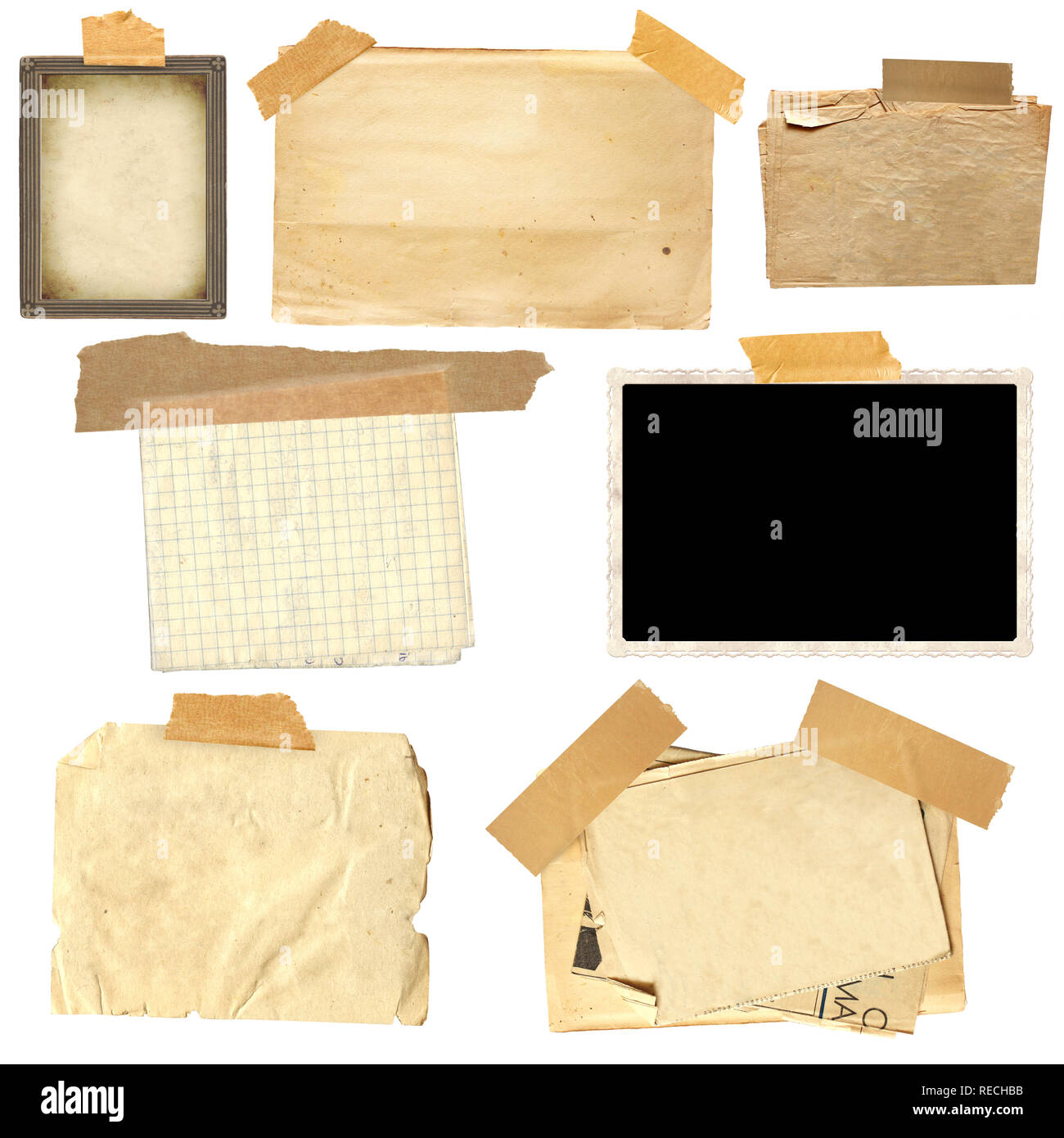 Set of vintage photo frame and old paper with adhesive tape. Vintage style  for scrapbooking. Copy space for text. Mock up template. Isolated on white  Stock Photo - Alamy