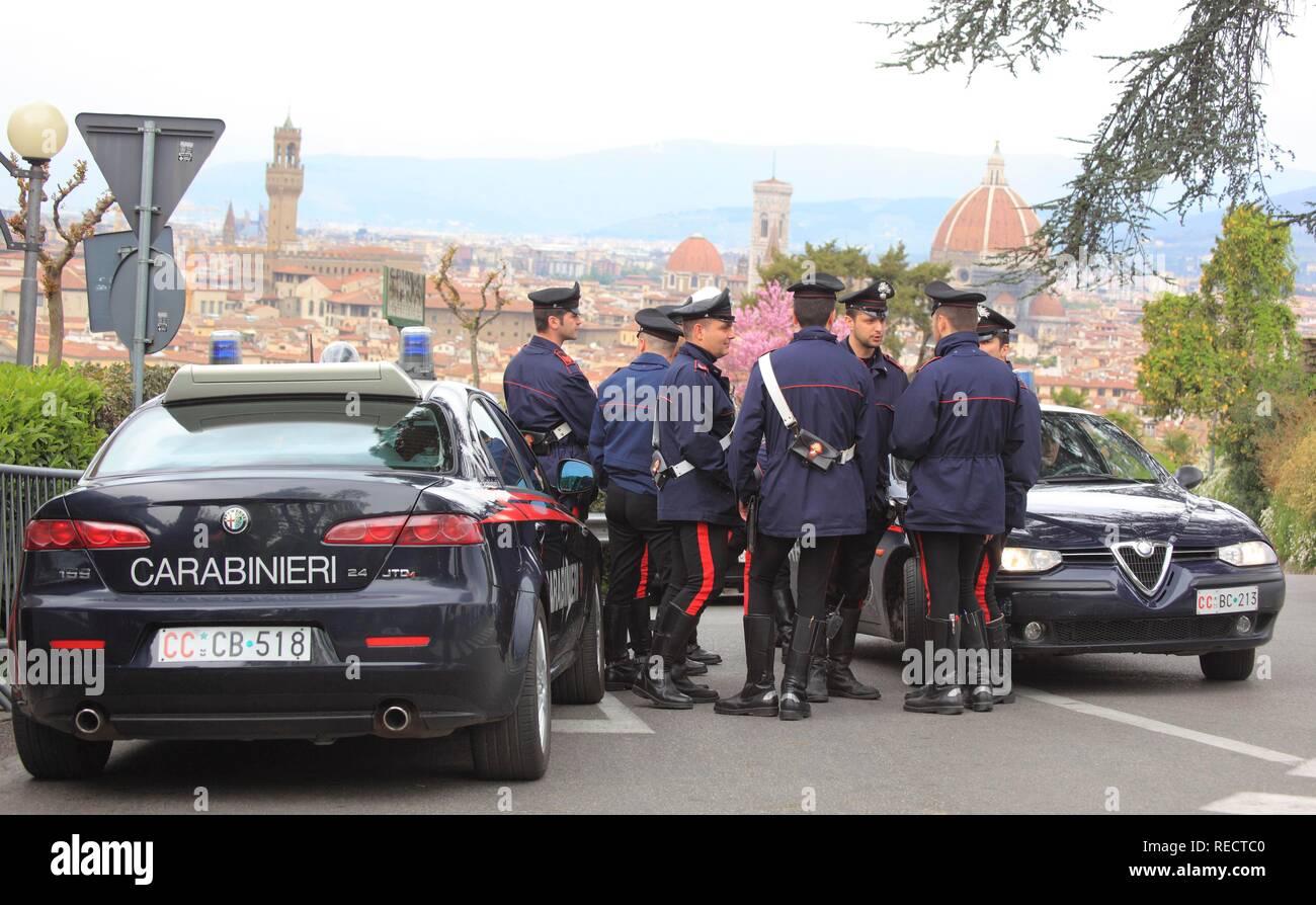 Italian Carabinieri policemen with their Alfa Romeos, Firenze, Florence, Tuscany, Italy, Europe Stock Photo
