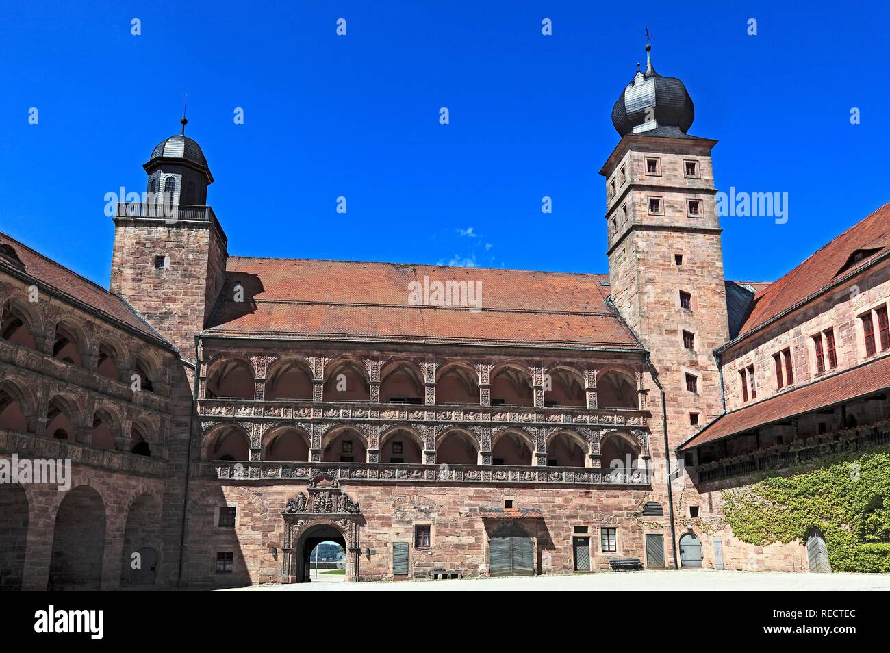 The 'Schoene Hof', 'Beautiful courtyard', Renaissance building with reliefs between the arcades, Hohenzollern residence Stock Photo