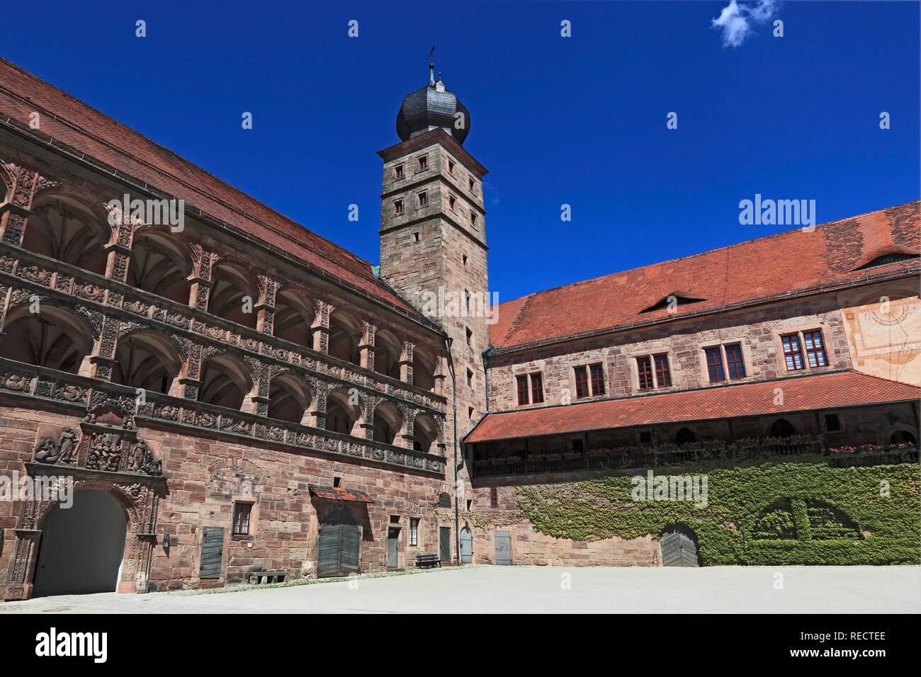 The 'Schoene Hof', 'Beautiful courtyard', Renaissance building with reliefs between the arcades, Hohenzollern residence Stock Photo