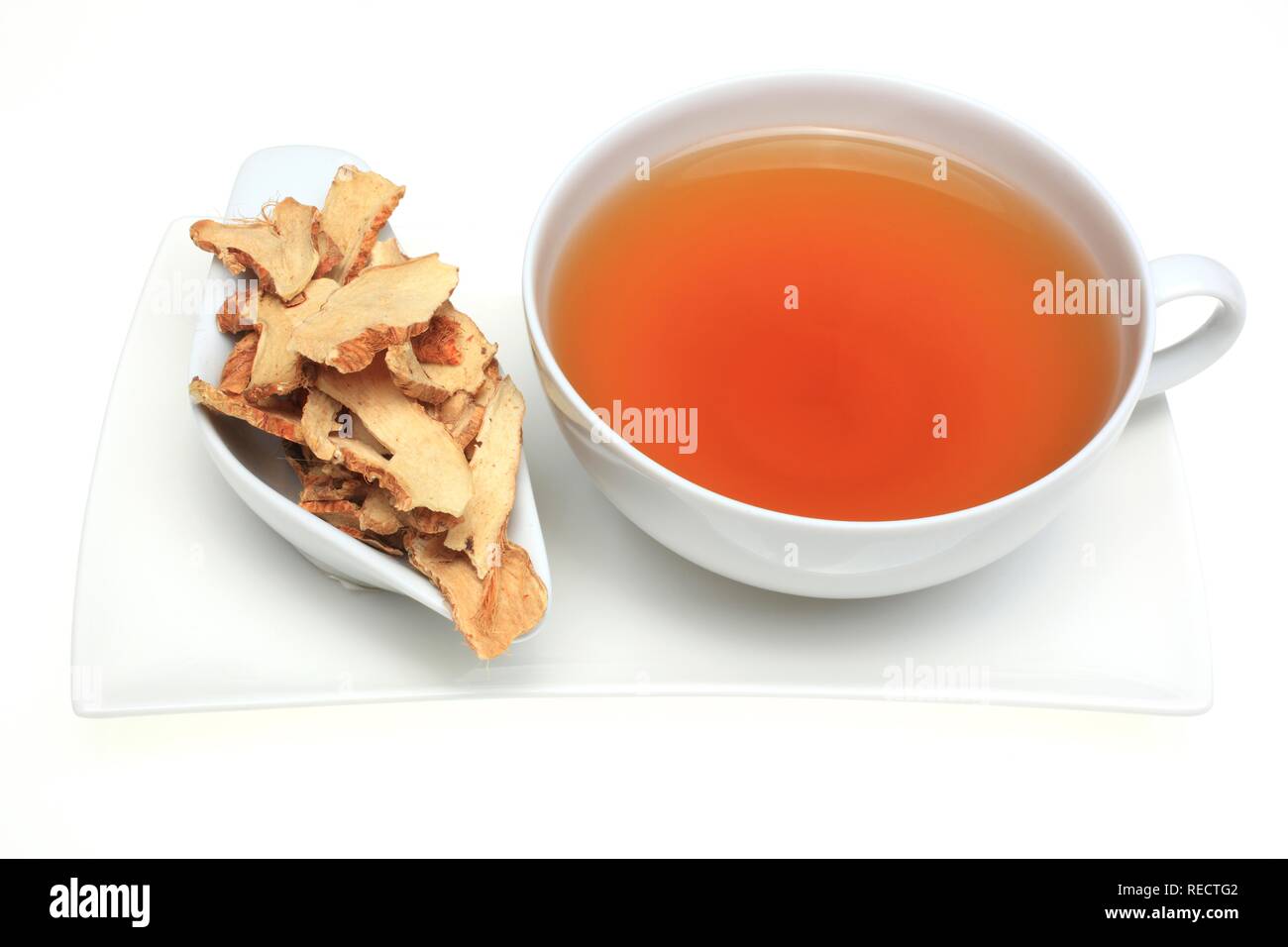 Herbal tea made of the dried roots of the medicinal plant common anemarrhena, Chic-Mu, Zhi Mu, Anemarrhena asphodeloides Stock Photo