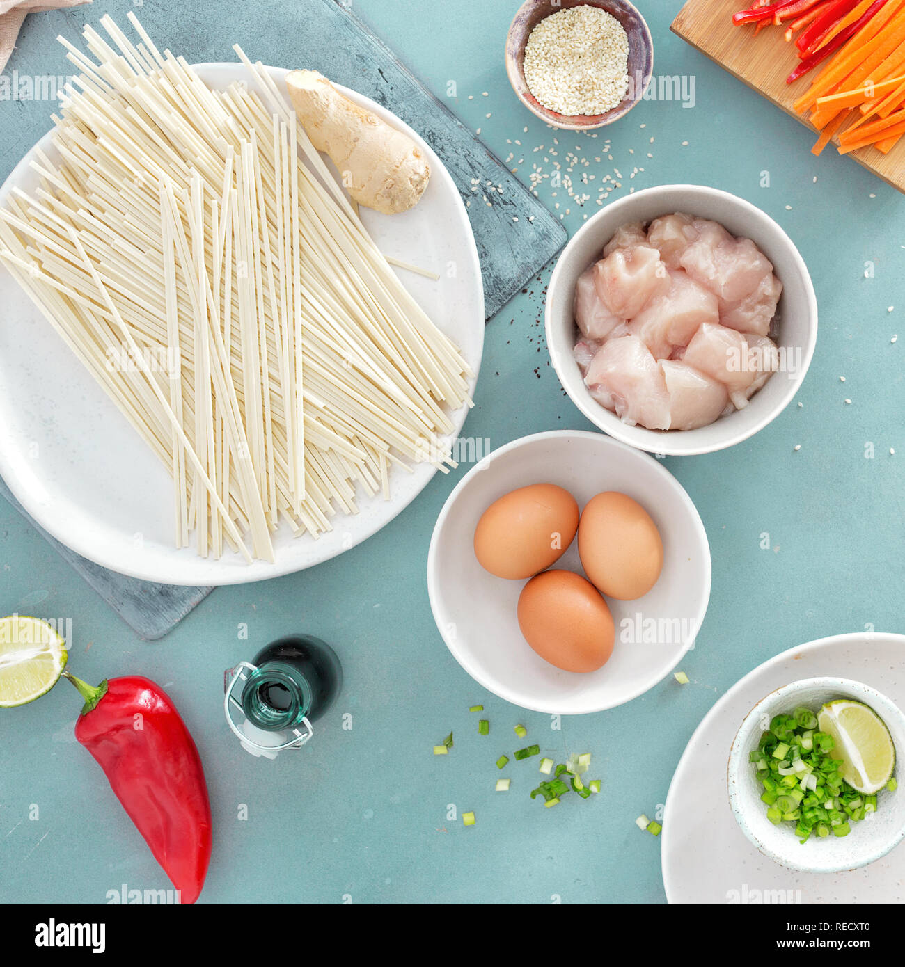Raw ingredients cooking udon noodles with chicken meat top view Stock