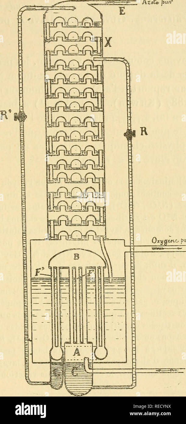 . Comptes rendus hebdomadaires des sÃ©ances de l'AcadÃ©mie des sciences. Science -- Societies, etc; Science; Science. SÃANCE DU 20 NOVEMBRE 1905. 825 la colonne de rectification X, et rectifie les gaz ascendants jusqu'Ã concur- rence de 21 pour 100 environ. Le second liquide, dÃ©versÃ© tout Ã fait au haut de la colonne de rectifica- AÃ¯Â»!* Ã5U/Ã&quot;. Oxyfjtno ^ivr lion, soumet ces gaz Ã 21 pour 100 Ã une rectification complÃ©mentaire qui les ramÃ¨ne Ã l'Ã©tat d'azote pratiquement pur. Ainsi est rÃ©alisÃ©e la sÃ©paration intÃ©grale de l'air, l'azote pur sortant en E et l'oxygÃ¨ne pur en D. J Stock Photo