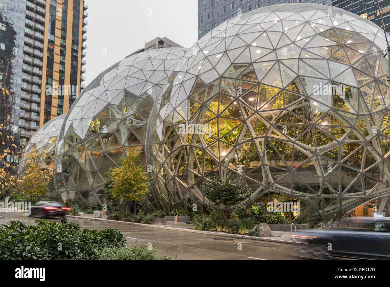 Seattle, Washington, USA - 27 October 2018. View of Amazon the Glass Spheres at its Seattle headquarters and Conference Center in Downtown Seattle. Stock Photo