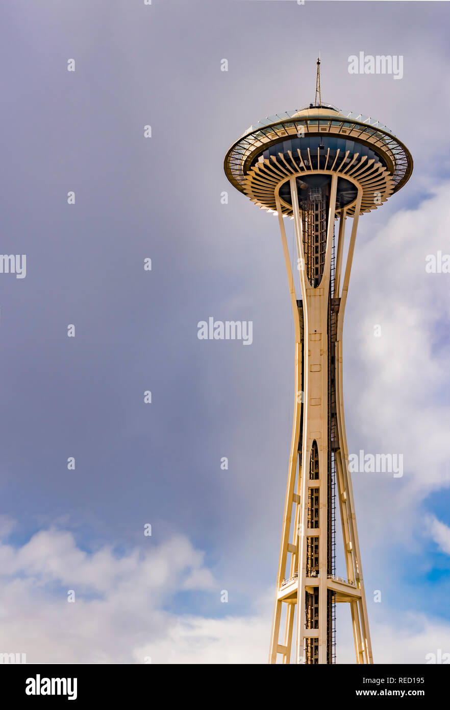 Seattle, Washington, USA - 28 October 2018. The iconic Space Needle landmark in downtown Seattle, WA. Stock Photo