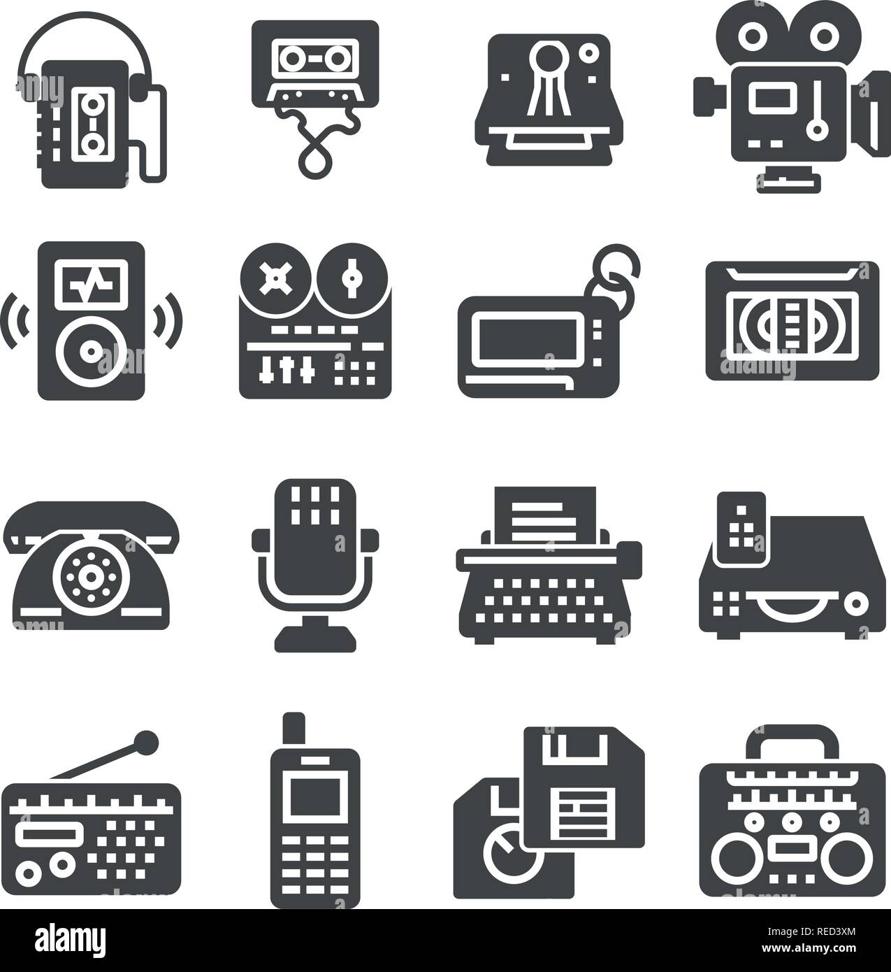Retro multimedia flat simple gray icons set. Vector illustrations Stock Vector