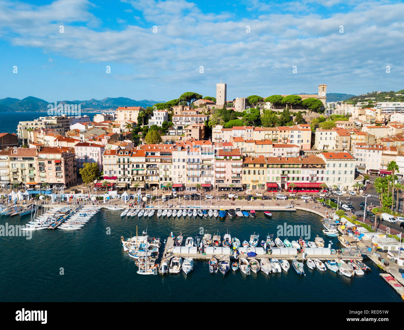 Cannes port aerial panoramic view. Cannes is a city located on the French Riviera or Cote d'Azur in France. Stock Photo
