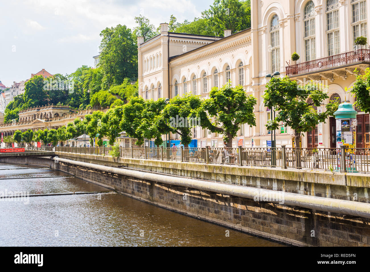 KARLOVY VARY, CZECH REPUBLIC - JUNE 12, 2017: Karlovy Vary view from river Tepla. Architecture of Karlovy Vary, Czech Republic. It is the most visited spa town in the Czech Republic Stock Photo