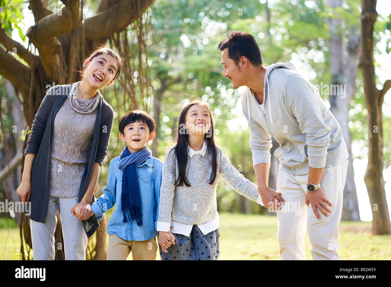 asian family with two children having fun exploring woods in a park. Stock Photo