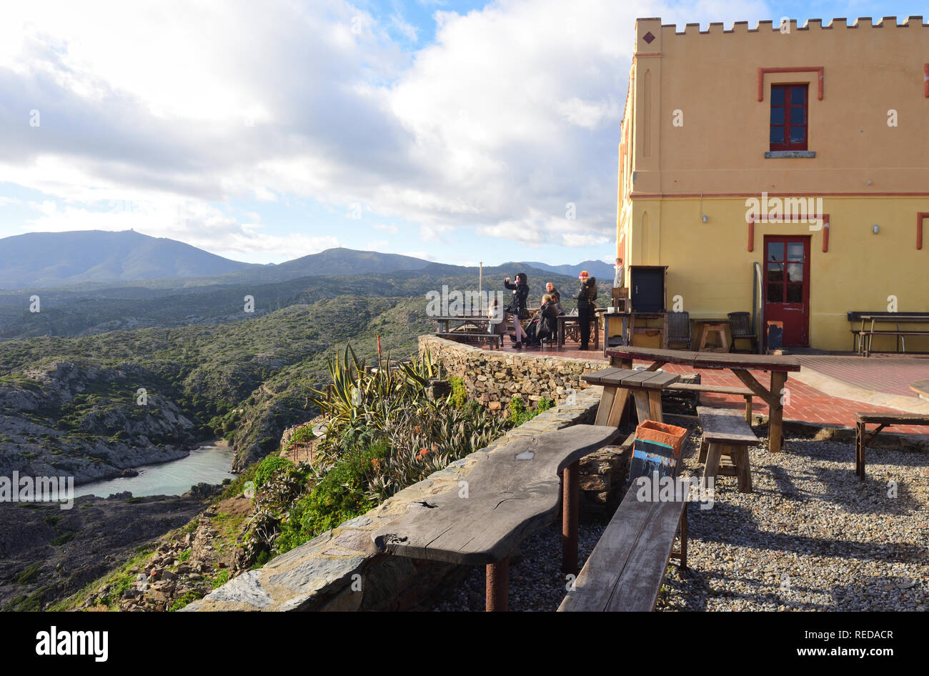 people on the terrace of the restaurant of Cap de Creus, Gerona province,Catalonia, Spain Stock Photo