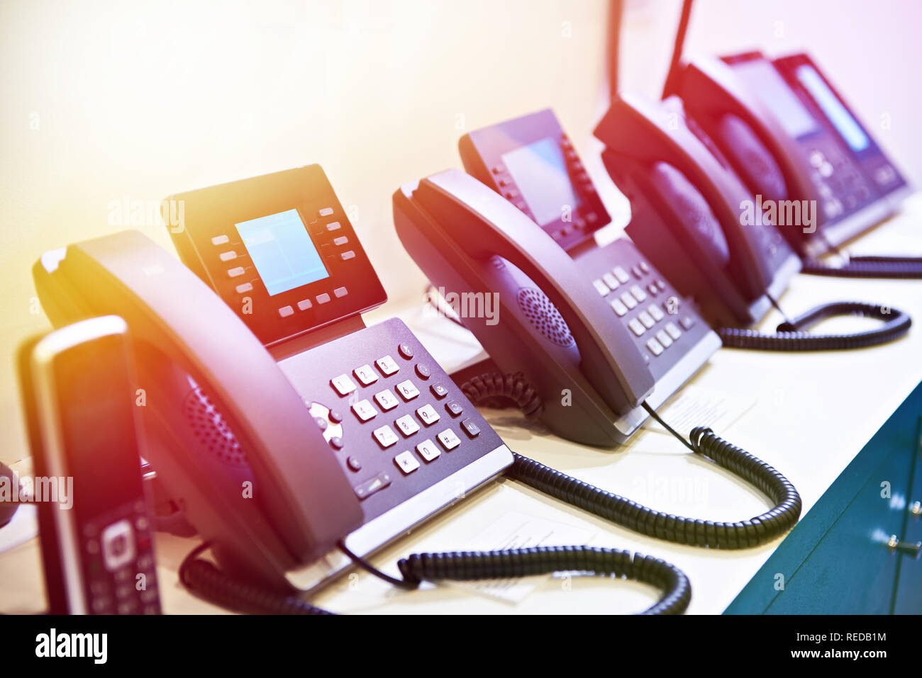 IP phones for office on the store shelves Stock Photo