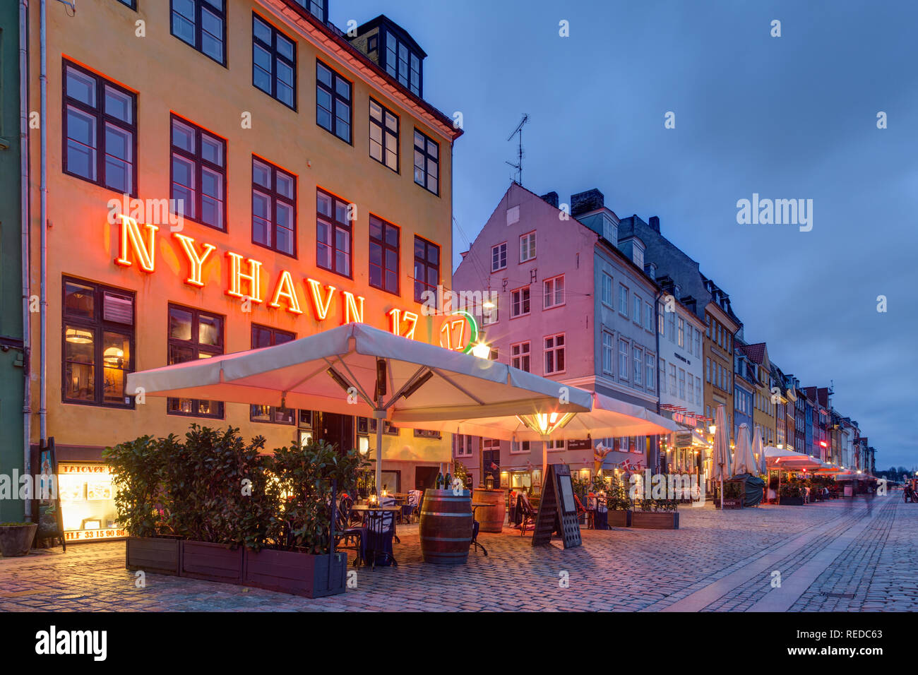 Nyhavn harbor in Copenhagen at night Stock Photo