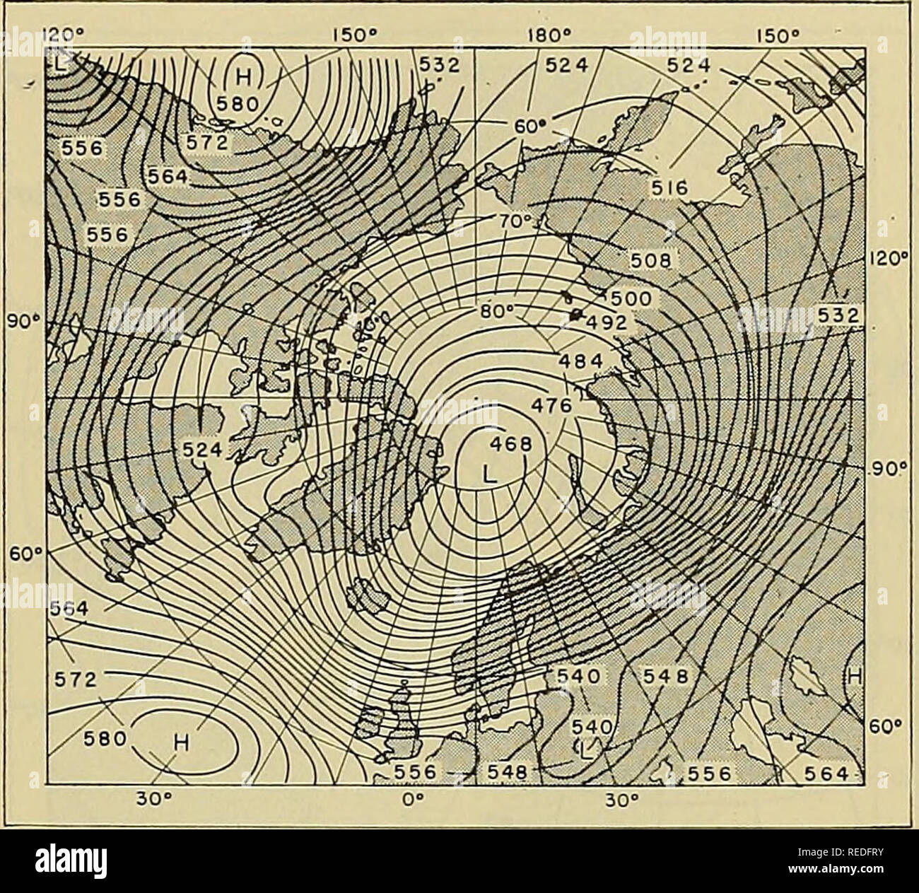 . Compendium of meteorology. Meteorology. EXTENDED-RANGE WEATHER FORECASTING 823 tour charts show that a remarkable meridional circula- tion extends also to the upper troposphere of the middle latitudes. Even at the 5- and 10-km levels, there is, Table IV. Daily Values op the Mean Zonal Gradient along the 60°n latitude circle during the first Six Months of 1949* (In mb per 1000 km) such a case is the high-pressure cell at the 5-km level that within five days (November 24-29, 1949) moved from 70°N and 172°W to 78°N and 55°W along an Day January February March April May June 1 12.1 13.7 13.1 7.0 Stock Photo