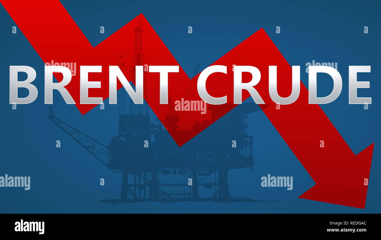The price of Brent Crude oil is falling. A red zig-zag arrow with an oil platform behind the word Brent on a blue background shows downwards,... Stock Photo